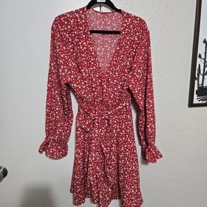 Red Floral Dress with Belt